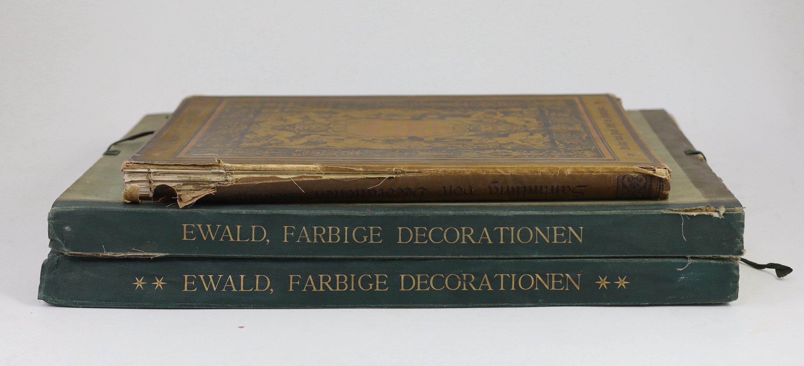 Ewald, Ernst - Farbige Decorationem alter und Neuer Zeit, 2 vols, folio, with 160 coloured plates loose in printed boards, Berlin, 1887-96 and Dupont-Auberville, M - Sammlung Decorationen Stickereien und Stoffmustern, fo